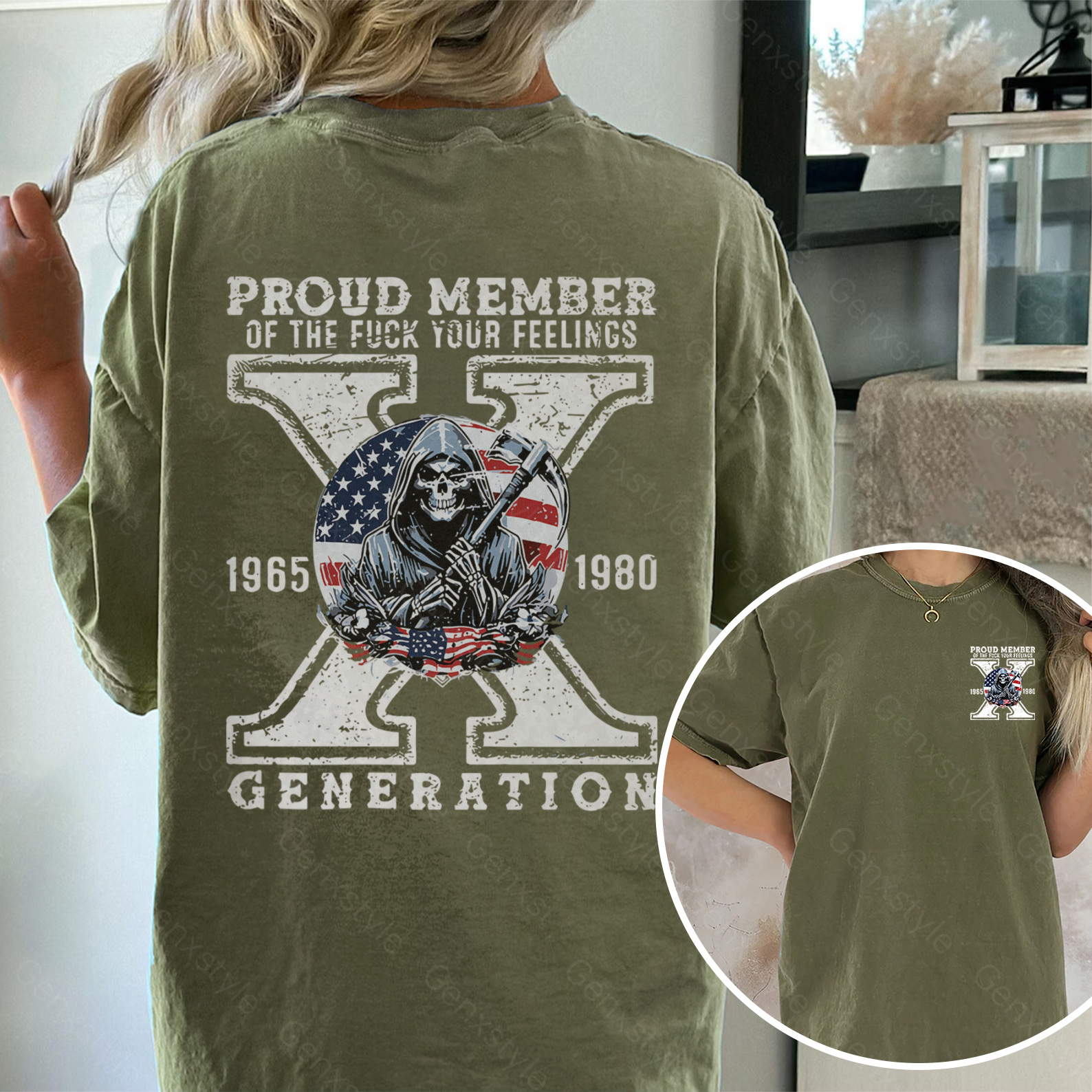 Washed Generation X Skull Design T-shirt