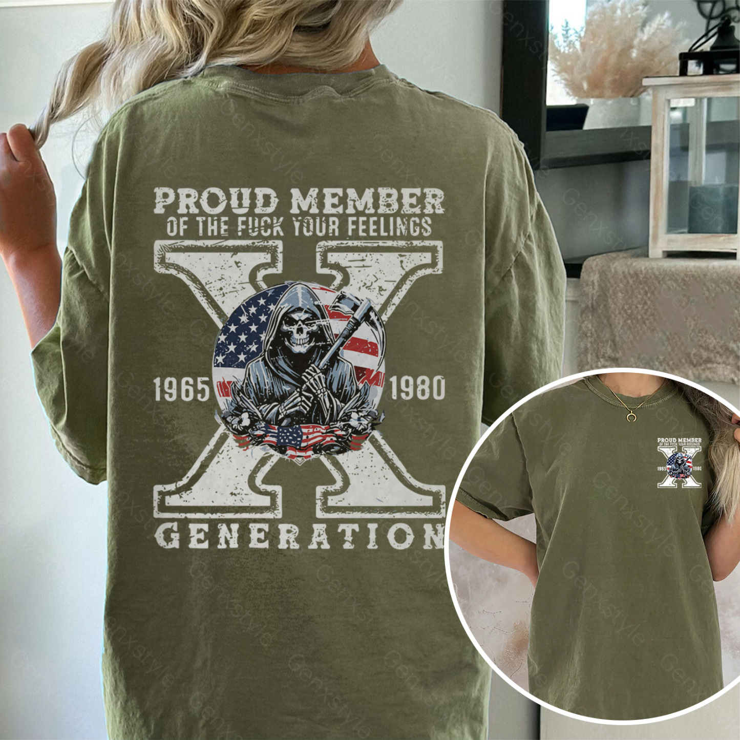 Washed Generation X Skull Design T-shirt