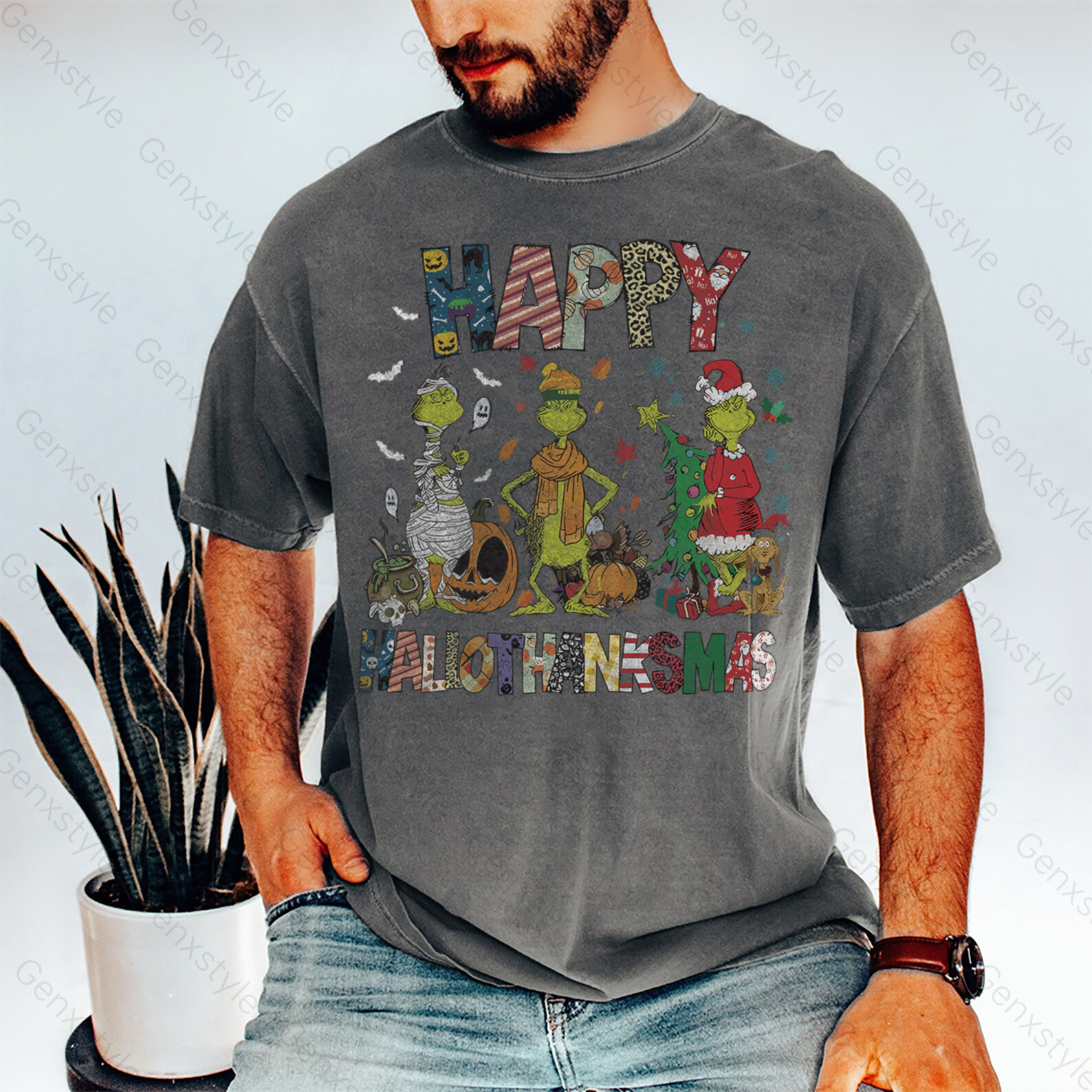 Washed Happy HalloThanksMas Grumbly Green T-shirt