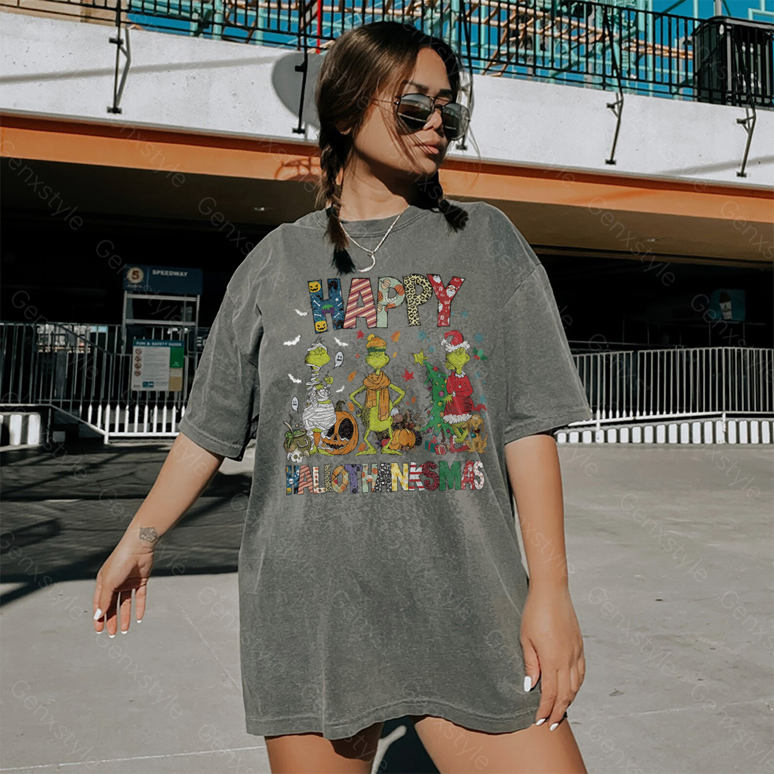 Washed Happy HalloThanksMas Grumbly Green T-shirt