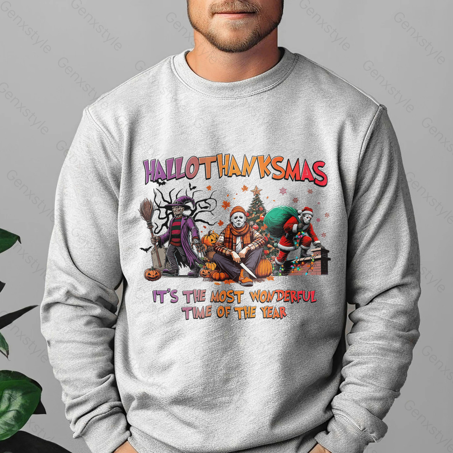 Happy Hallothanksmas Funny Christmas Horror Crewneck