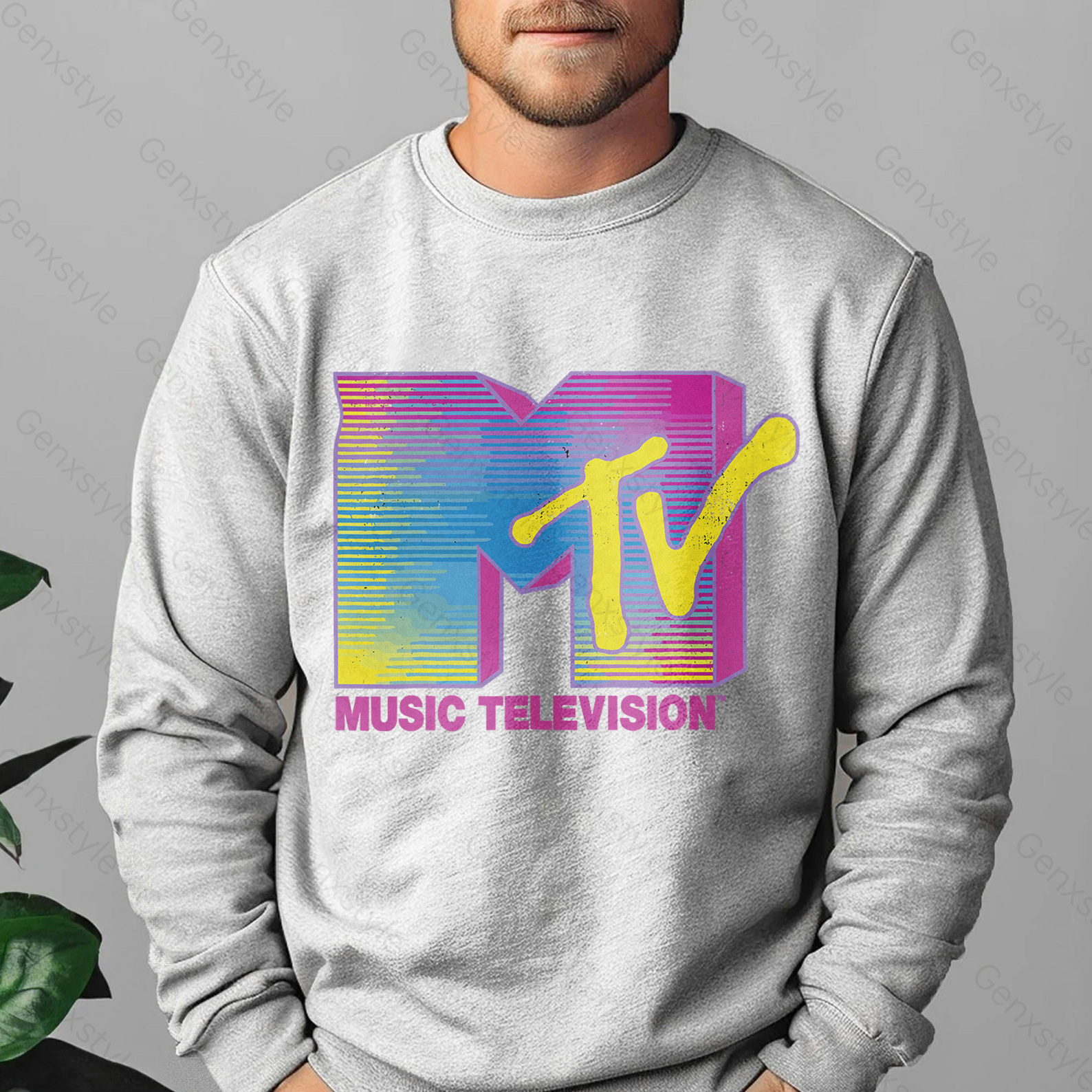 MTV Distressed Fluorescent Gradient Logo Crewneck