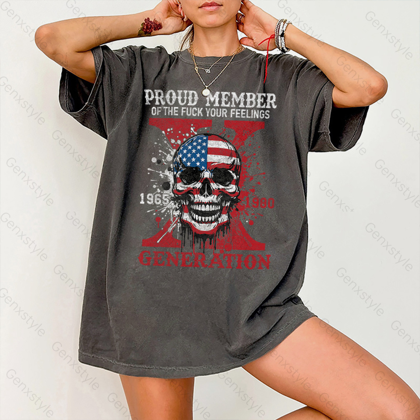 Washed Funny Skull Halloween Generation X T-shirt