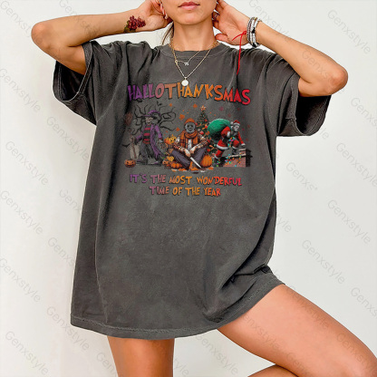 Washed Happy Hallothanksmas Funny Christmas Horror T-shirt