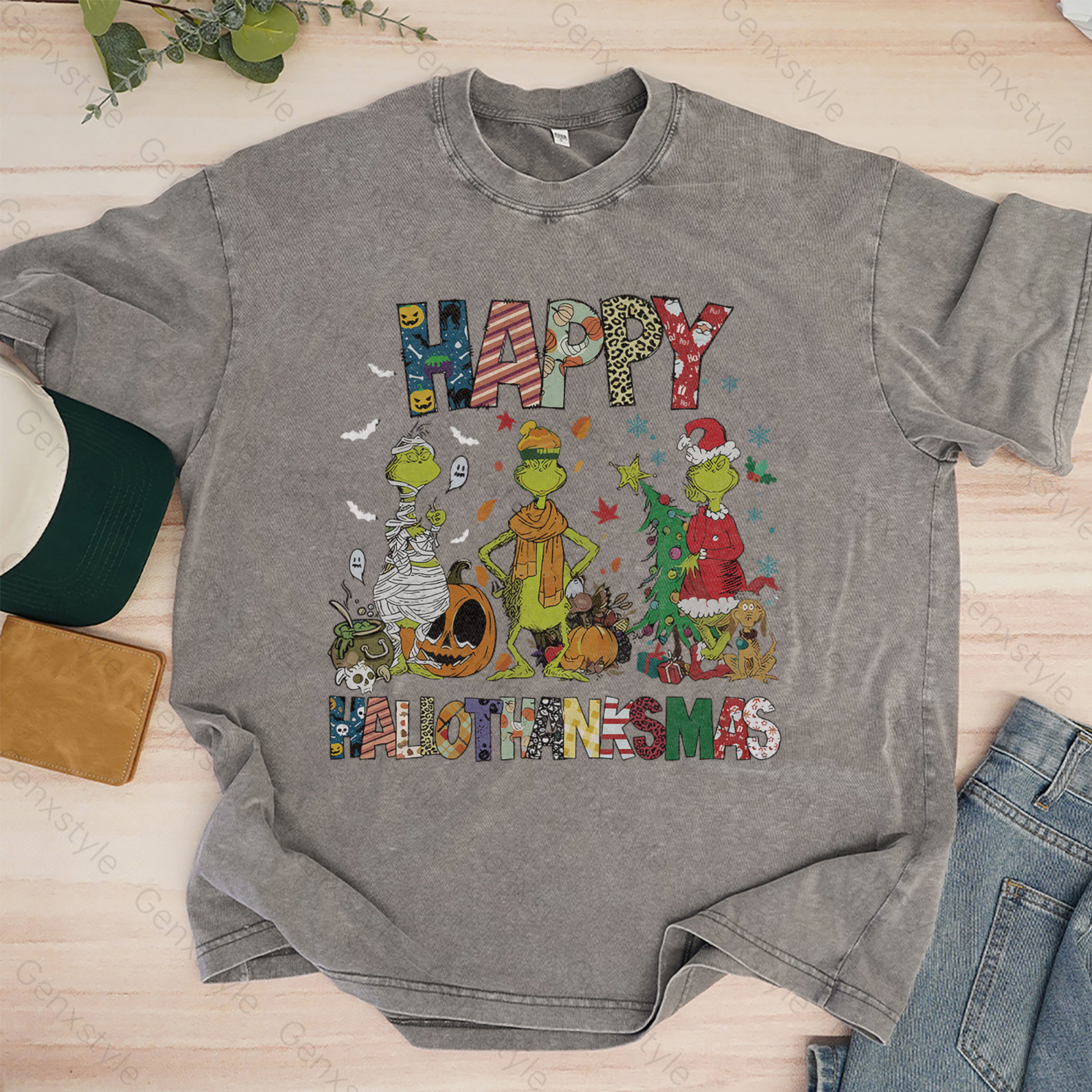 Washed Happy HalloThanksMas Grumbly Green T-shirt