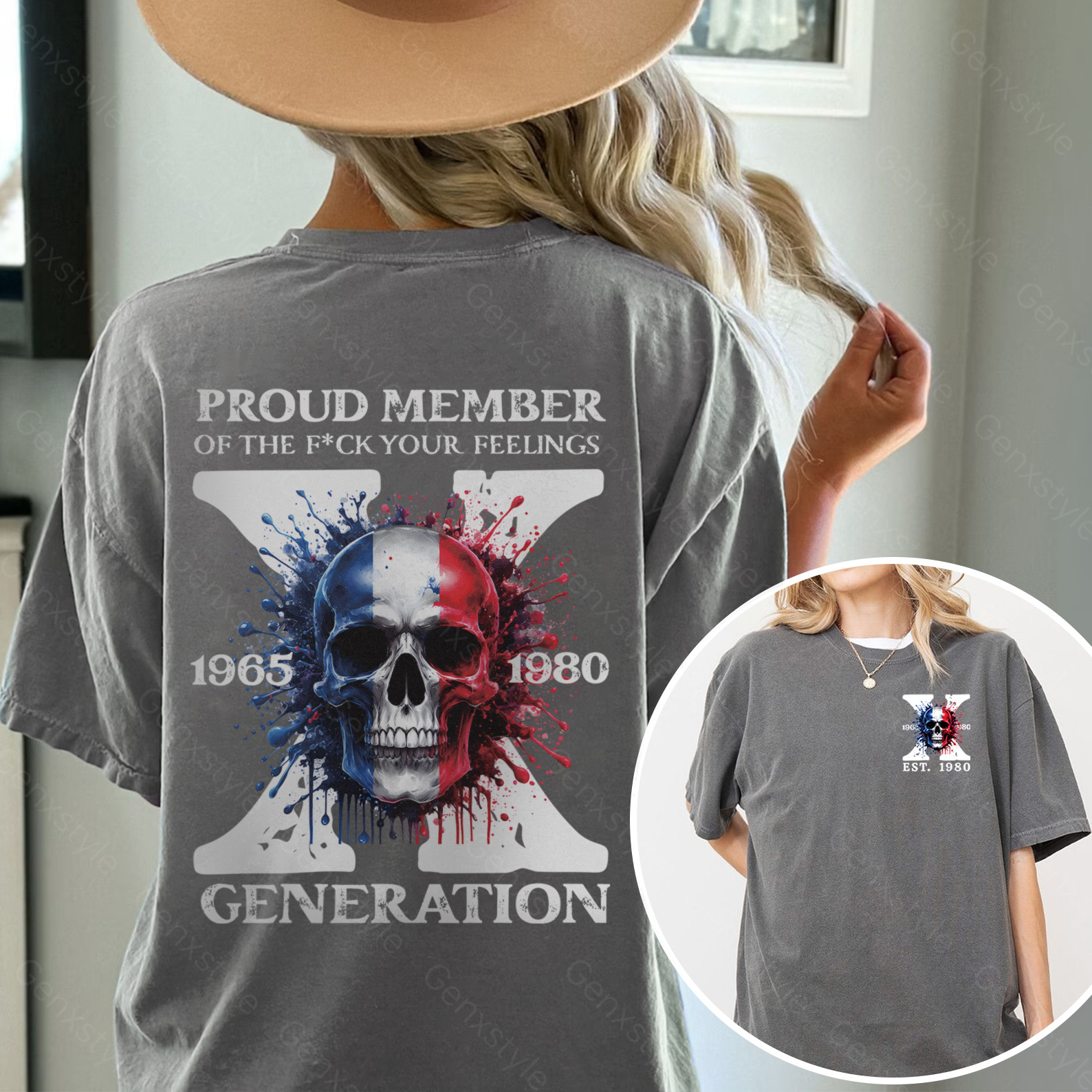 Washed France Funny Skull Generation X T-shirt