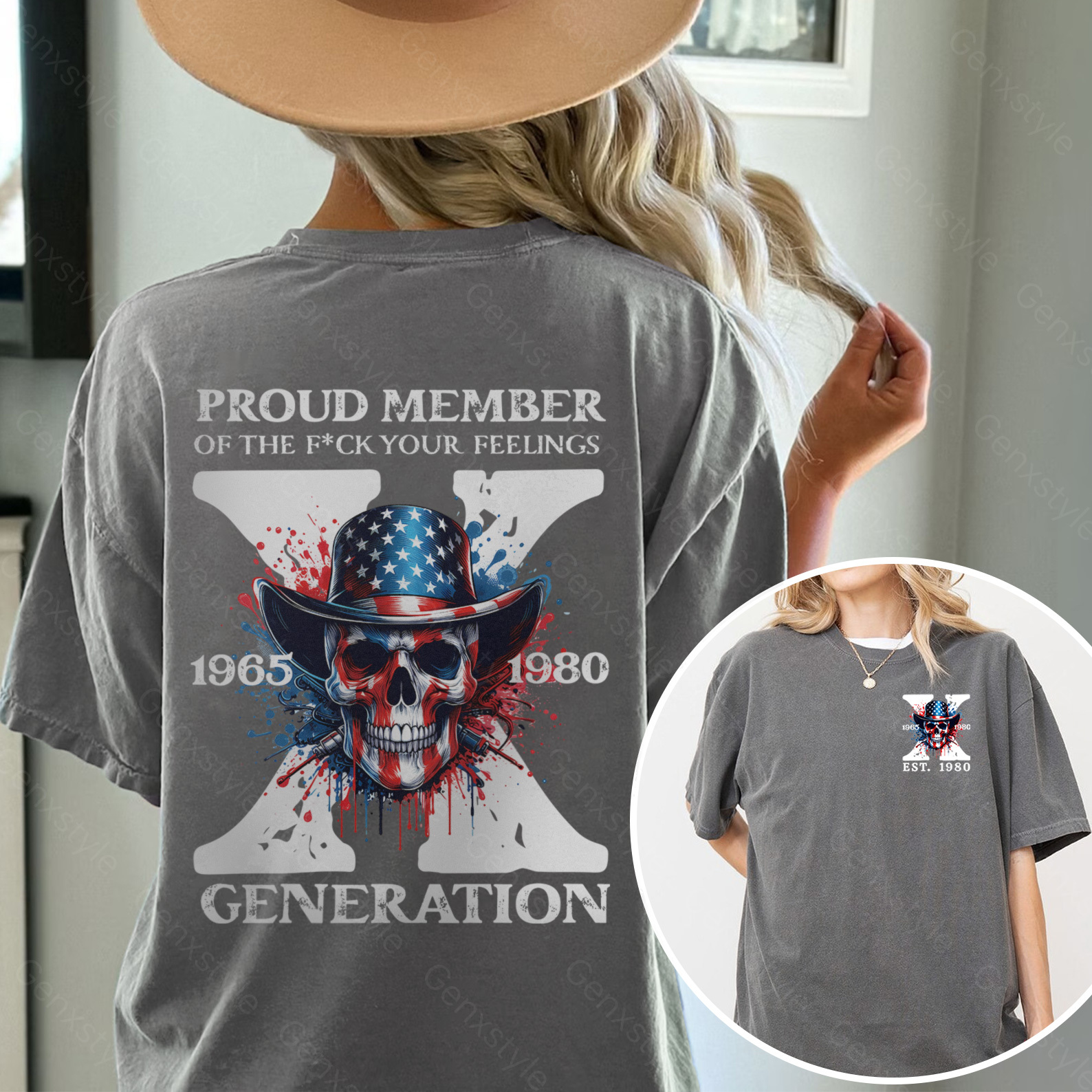 Washed America Funny Skull Generation X T-shirt