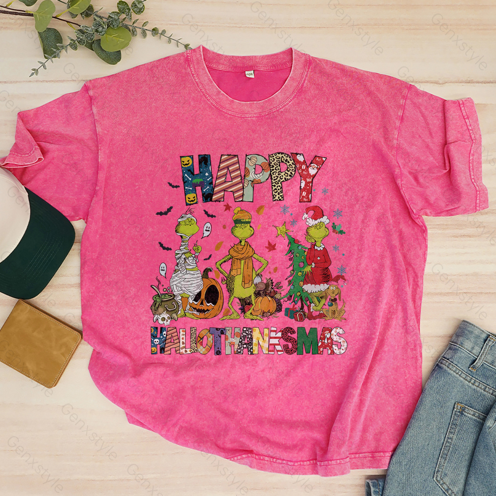 Washed Happy HalloThanksMas Grumbly Green T-shirt