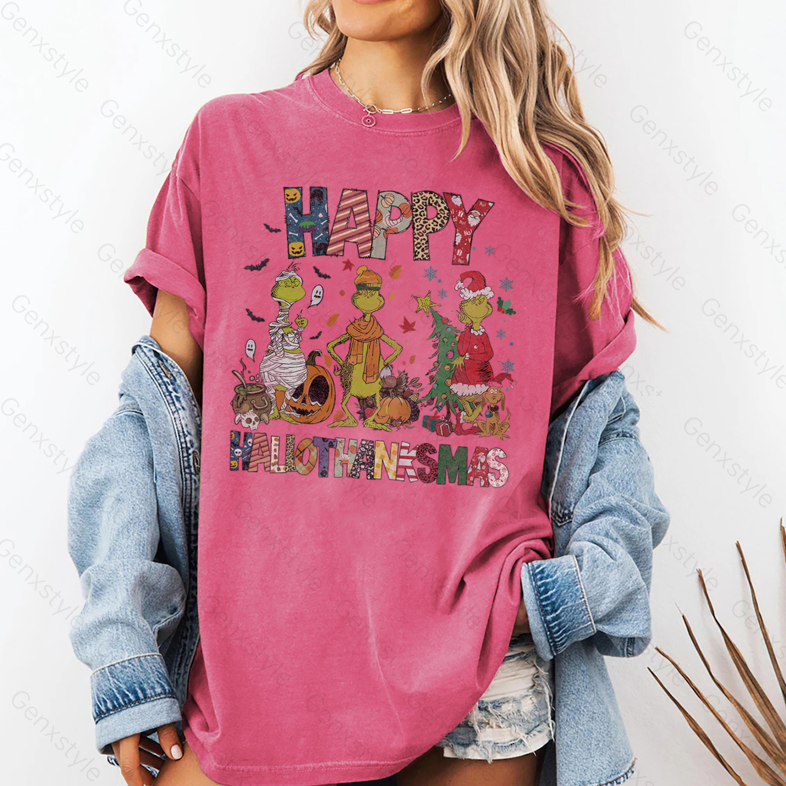 Washed Happy HalloThanksMas Grumbly Green T-shirt