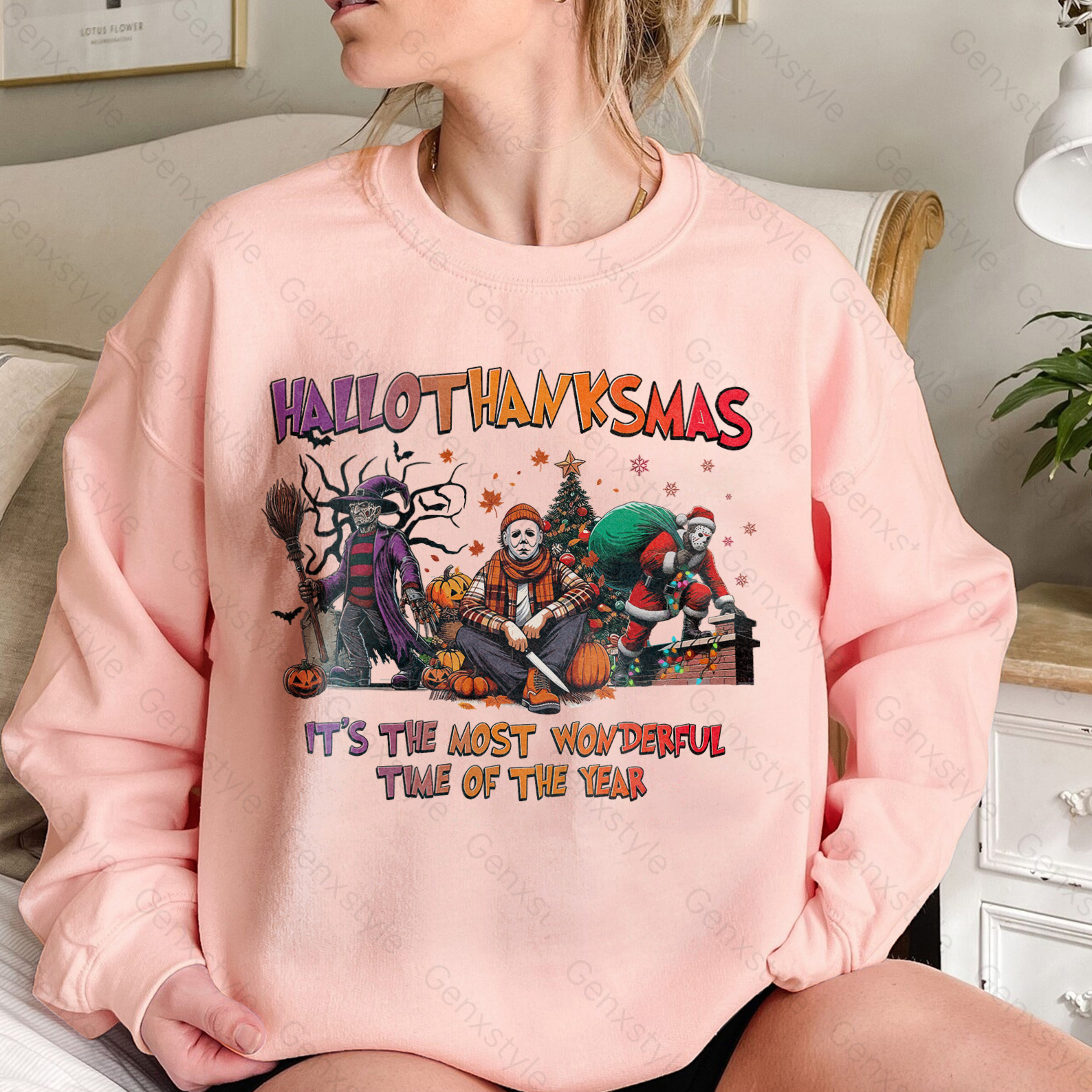 Happy Hallothanksmas Funny Christmas Horror Crewneck