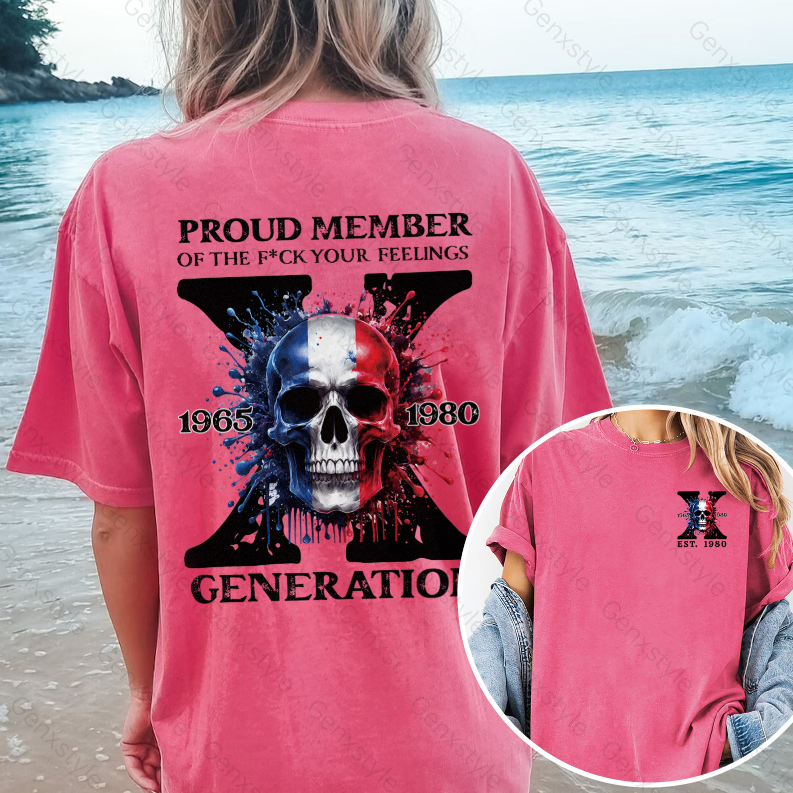 Washed France Funny Skull Generation X T-shirt