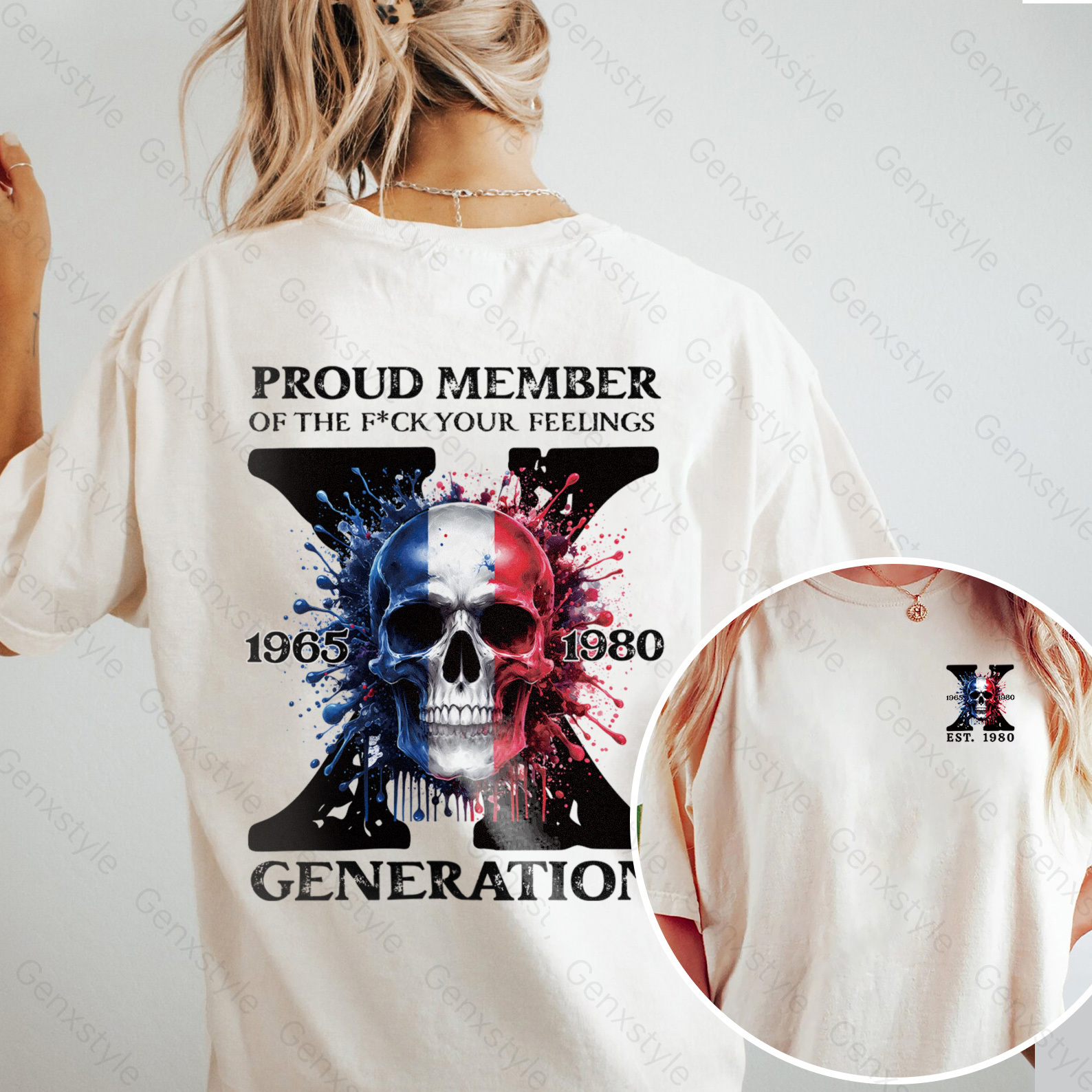 Washed France Funny Skull Generation X T-shirt