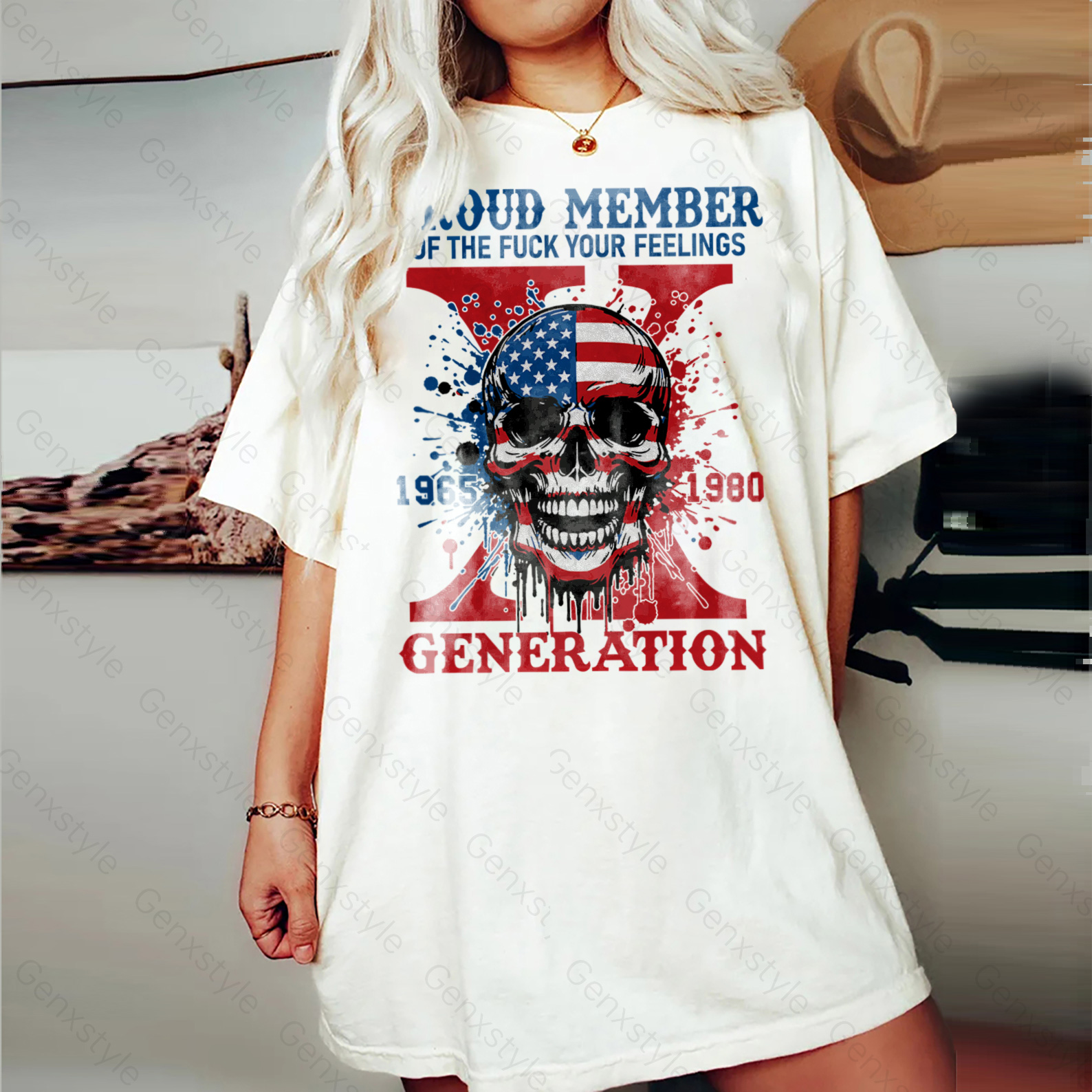 Washed Funny Skull Halloween Generation X T-shirt