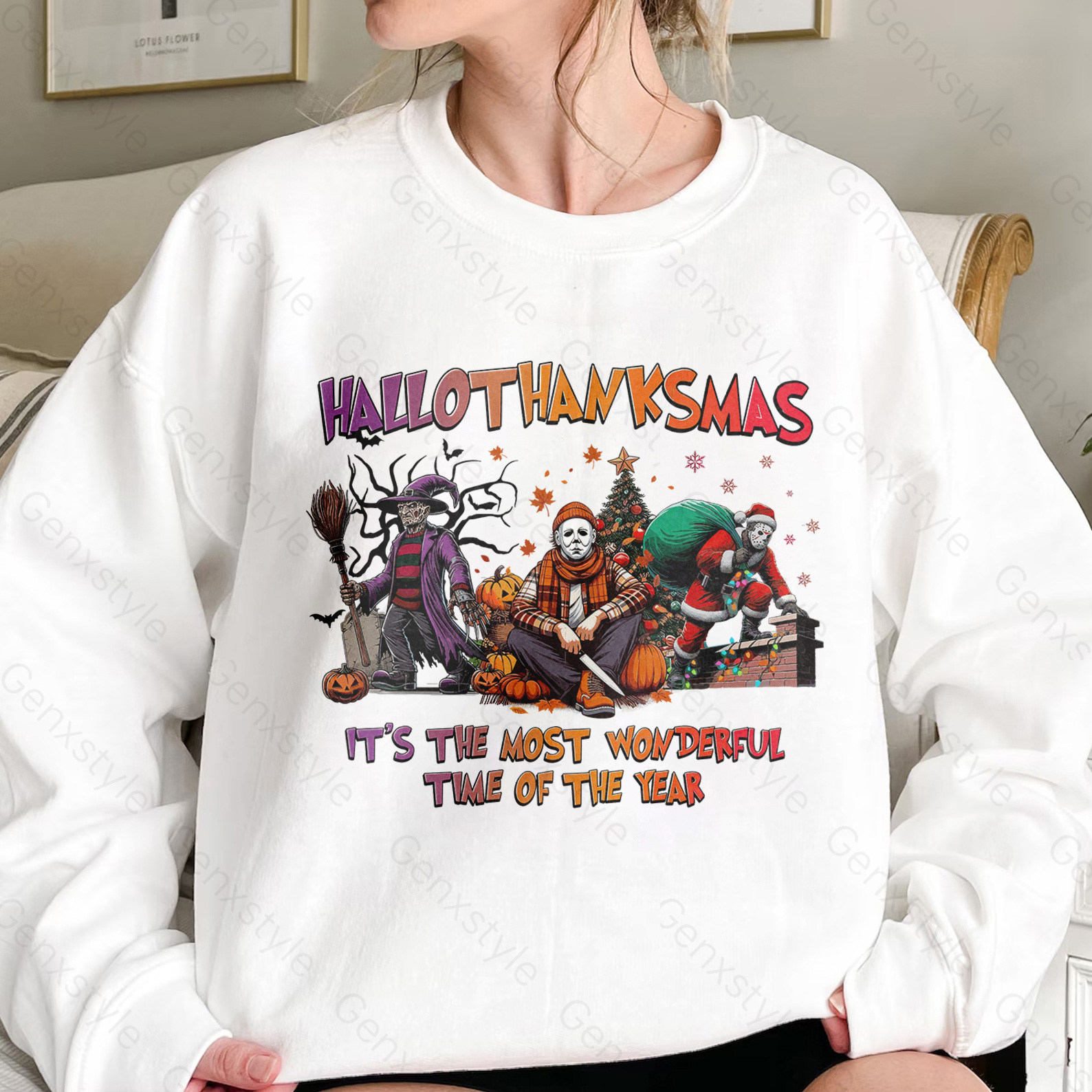 Happy Hallothanksmas Funny Christmas Horror Crewneck