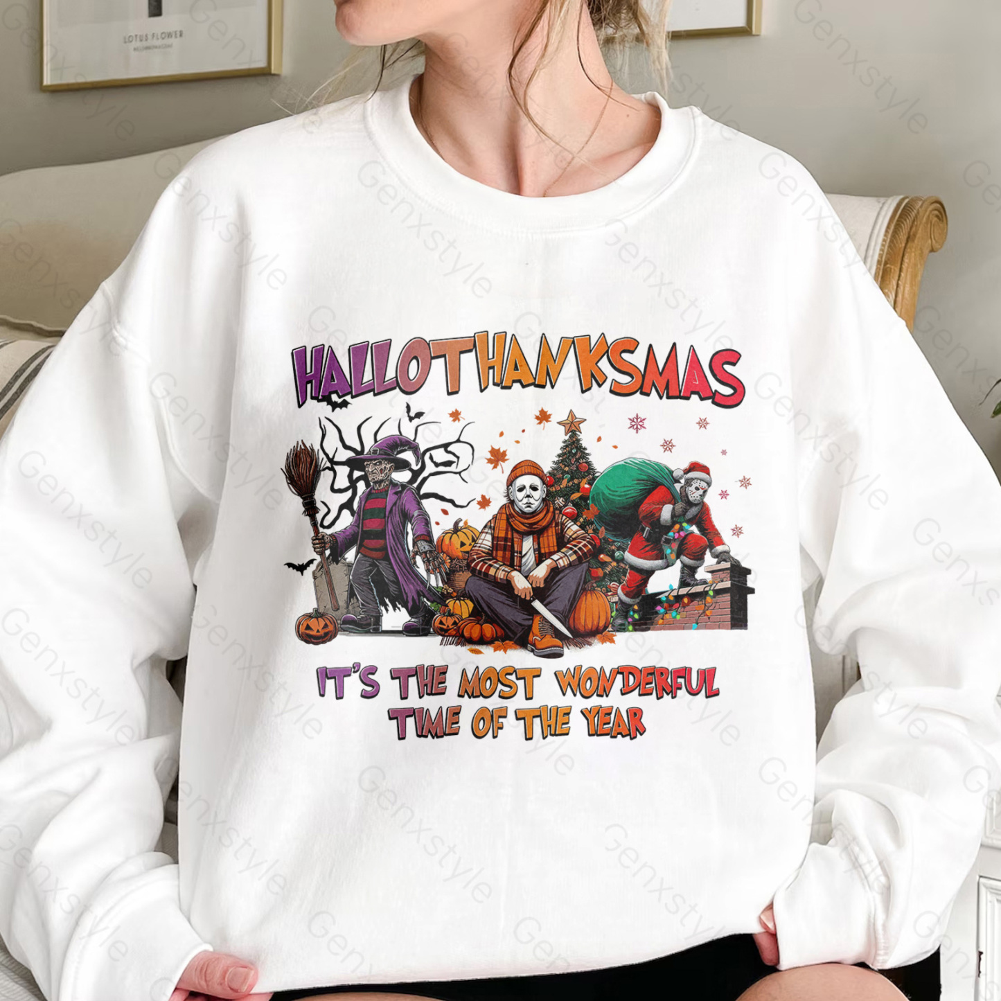 Happy Hallothanksmas Funny Christmas Horror Crewneck