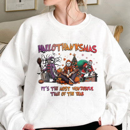 Happy Hallothanksmas Funny Christmas Horror Crewneck