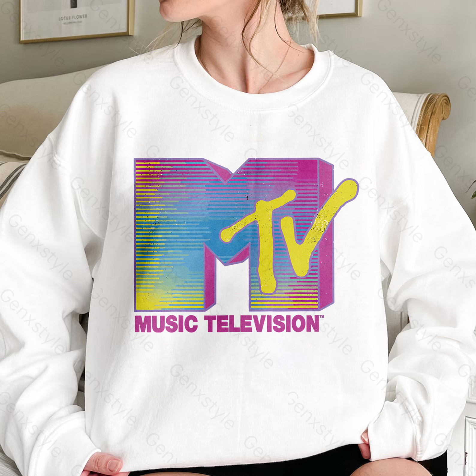 MTV Distressed Fluorescent Gradient Logo Crewneck