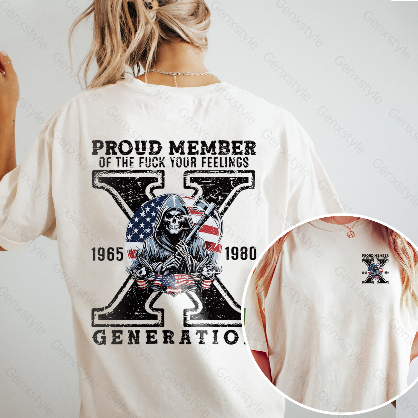 Washed Generation X Skull Design T-shirt