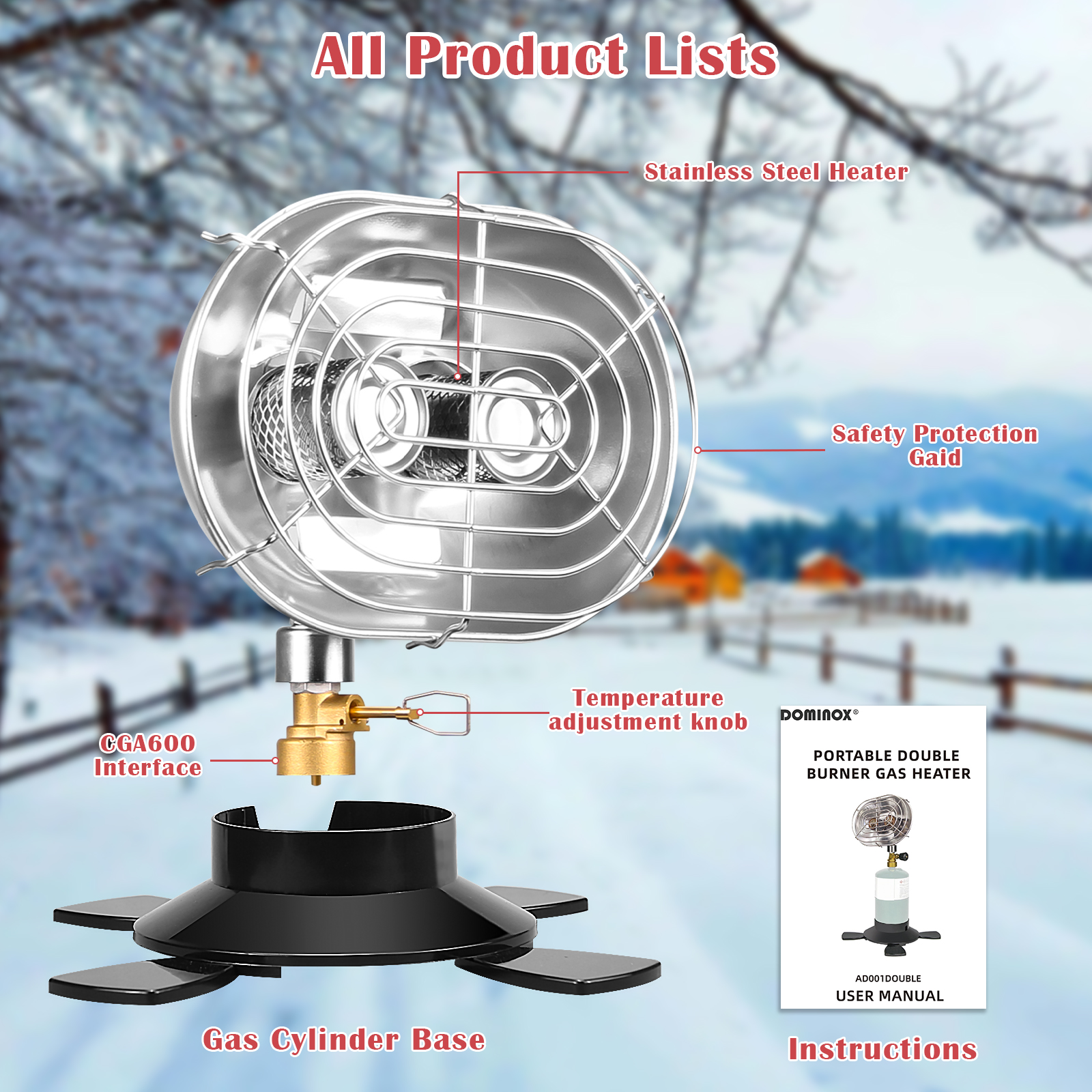  DOMINOX DM-AD001DOUBLE 12,400 BTU 2-Burner Heater Portable Propane Heater