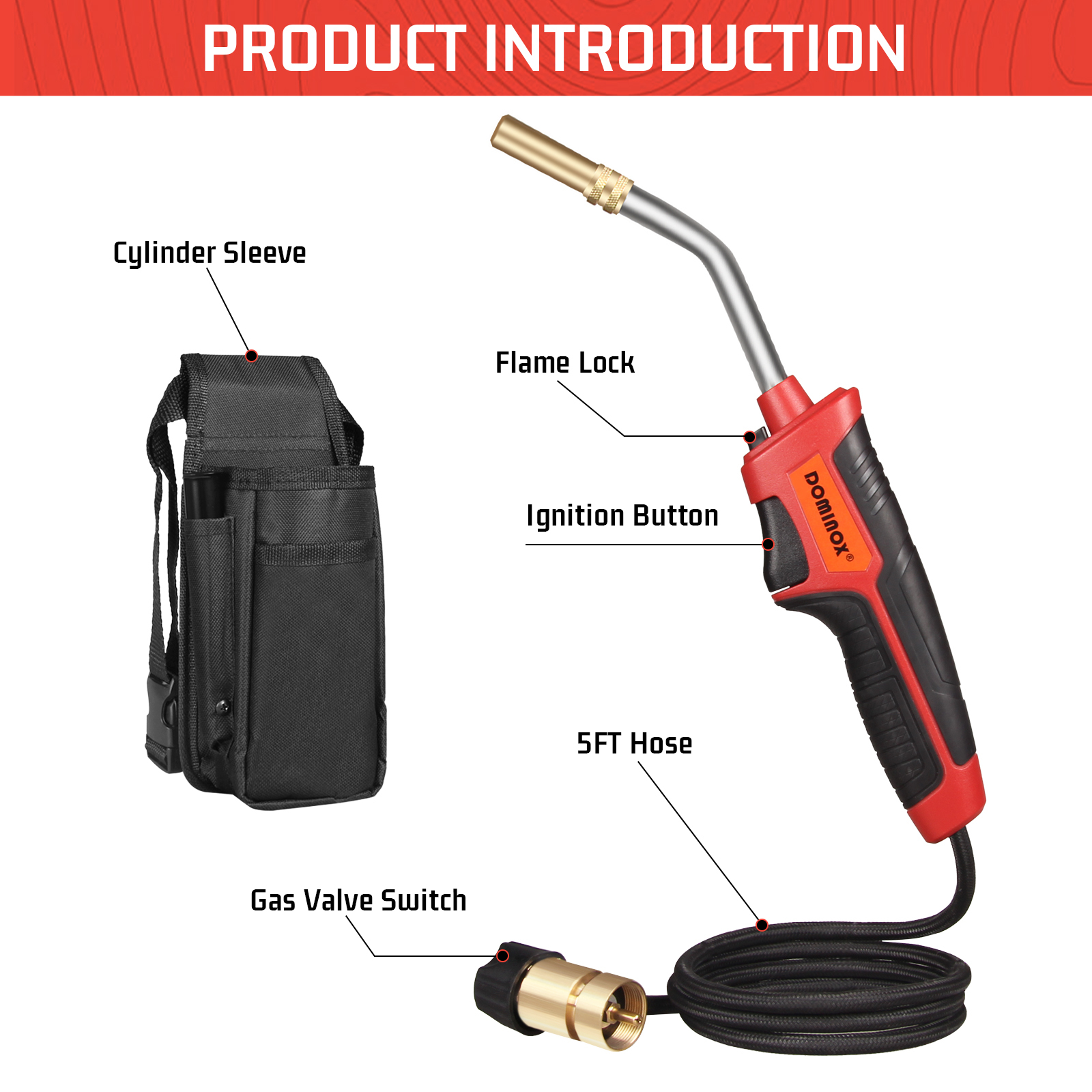 DOMINOX High Intensity Propane Torch Fuel by Propane Map, Map-pro Gas, Mapp Gas Torch with 5FT Hose and Gas Cylinder Sleeve, Map Gas Torch Kit, Soldering Torch Kit