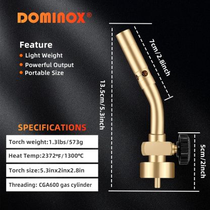  DOMINOX Propane Torch Head, Manual Start Solid Brass Brazing Torch Fuel by MAP MAP Pro Propane CGA600 Cylinder Bottle, Blow Torch for Soldering, Brazing, Welding, Thawing and Cooking