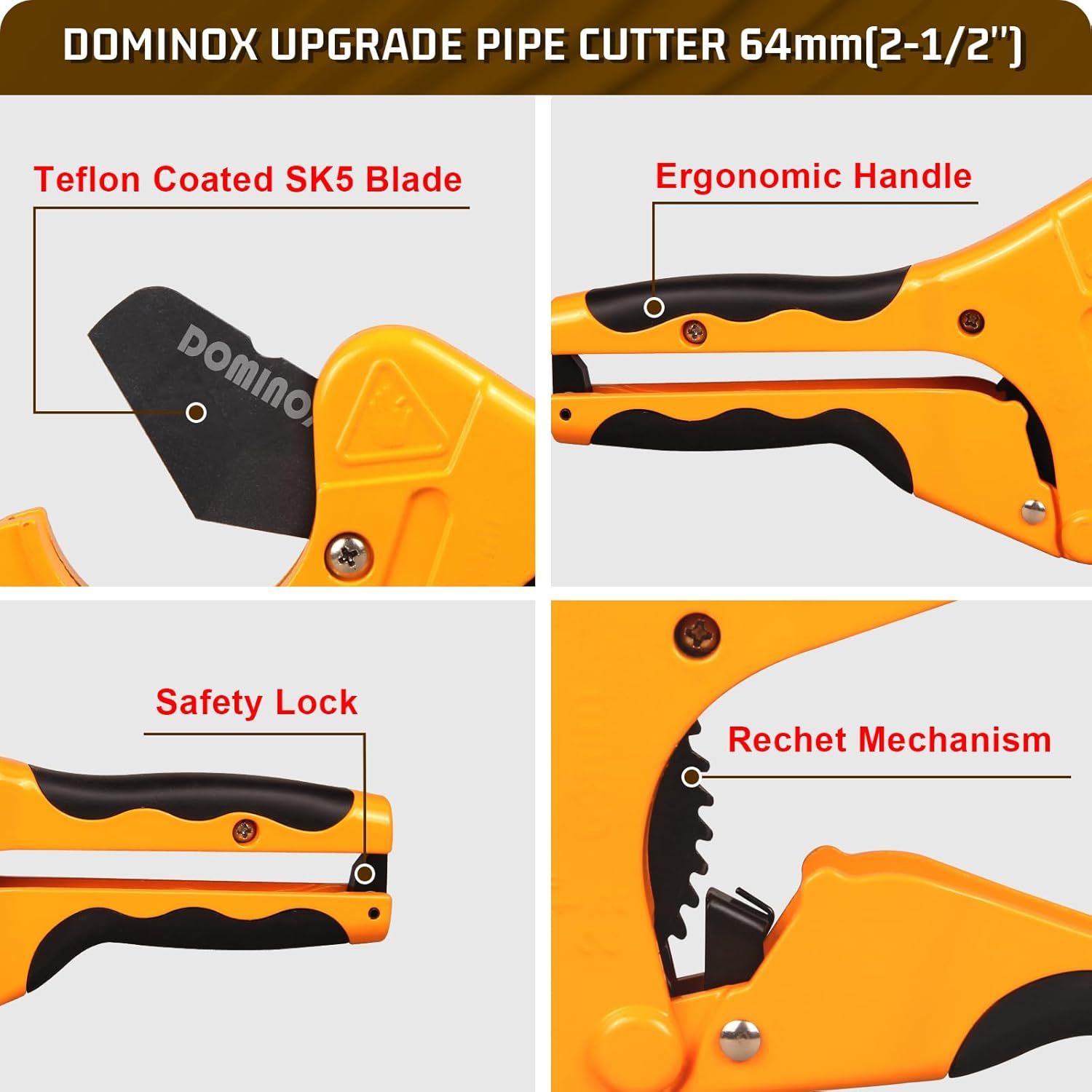  DOMINOX 2-1/2'' O.D. DM-317-64 Pipe Cutter, Professional Cutting PEX, PVC, and PPR Pipe, Etc, SK5 Blade and Aluminum Alloy Body, One-hand Rapid Cutting Tool for the Pipe
