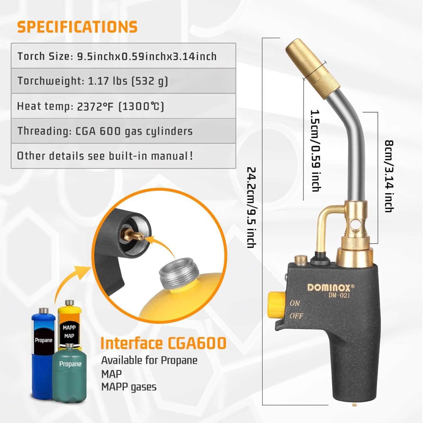 DOMINOX DM-021 Propane Torch Head for MAP, MAPP and Propane Tank