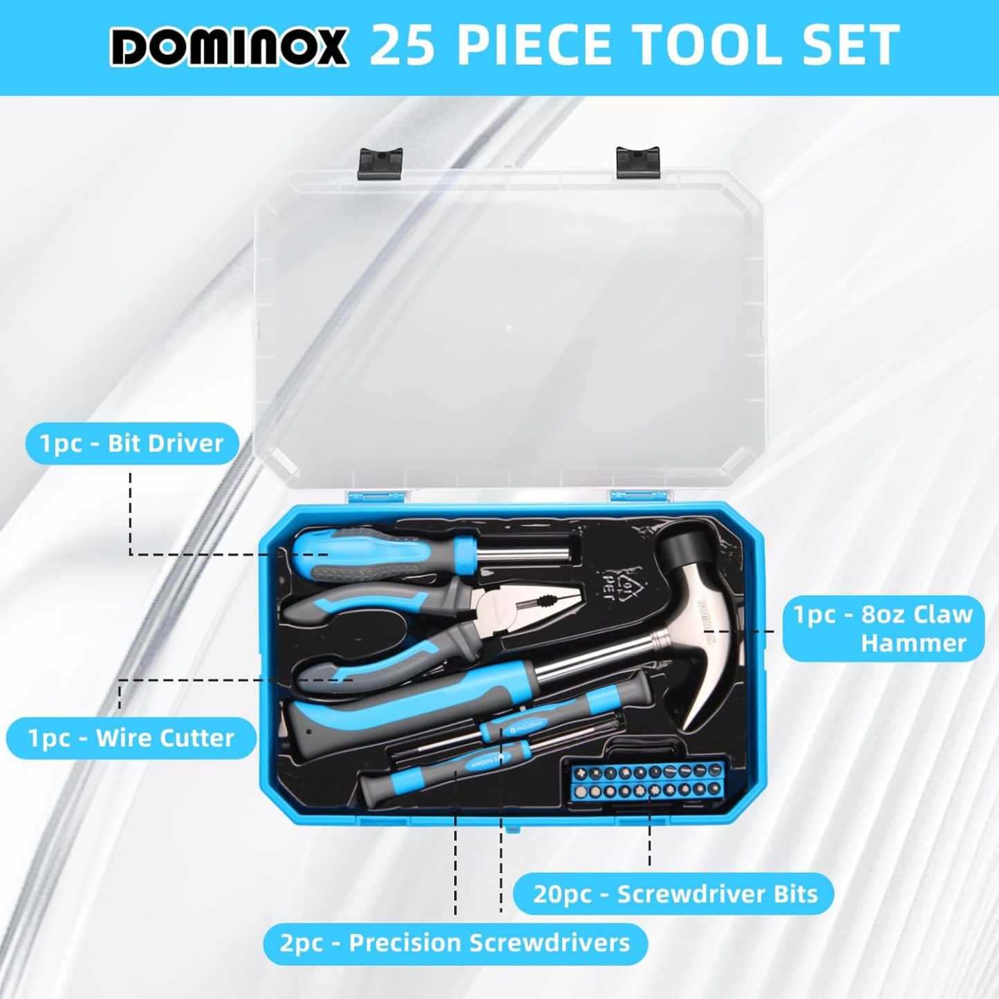 DOMINOX DM-C003 25 Piece General Household Tool Set with Plastic Storage Toolbox, tool box