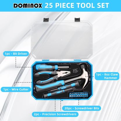 DOMINOX DM-C003 25 Piece General Household Tool Set with Plastic Storage Toolbox, tool box