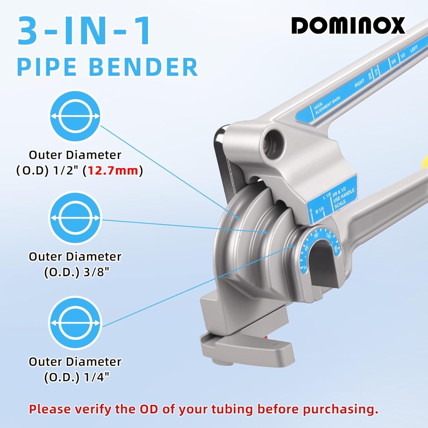 DOMINOX DM-CT-612A 3-IN-1 Tube Bender, Outer Diameter 1/4", 3/8", 1/2" (12.7 mm), 0-180° Manual Pipe Bender Tool