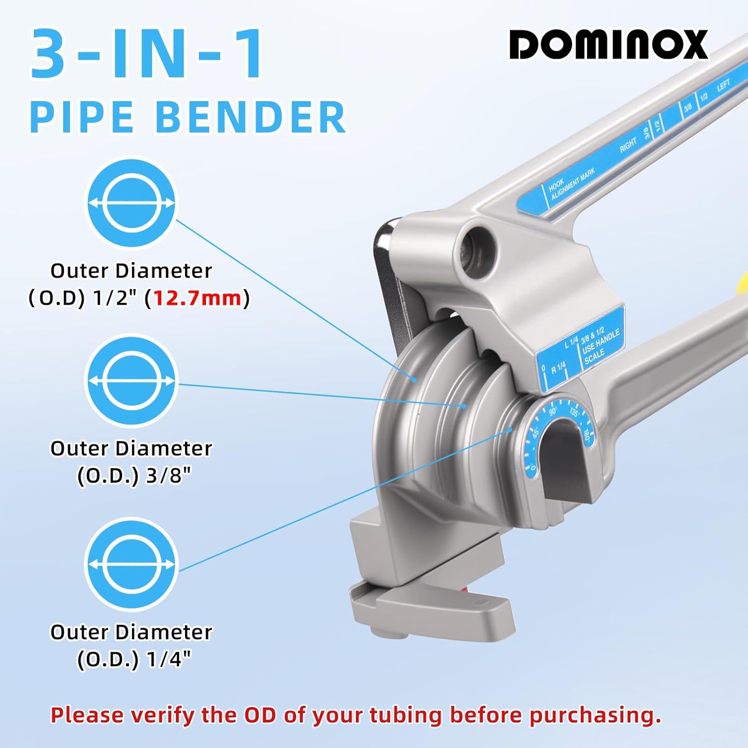 DOMINOX DM-CT-612A 3-IN-1 Tube Bender, Outer Diameter 1/4", 3/8", 1/2" (12.7 mm), 0-180° Manual Pipe Bender Tool