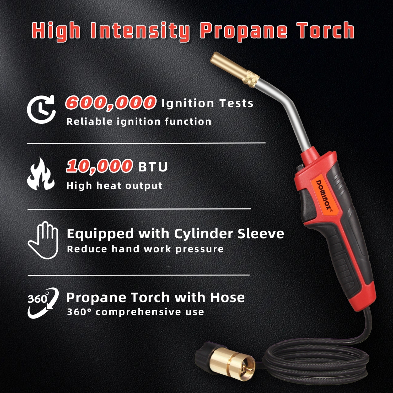DOMINOX High Intensity Propane Torch Fuel by Propane Map, Map-pro Gas, Mapp Gas Torch with 5FT Hose and Gas Cylinder Sleeve, Map Gas Torch Kit, Soldering Torch Kit