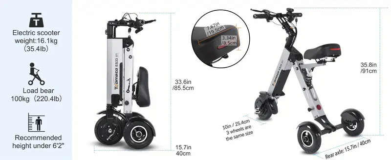   es33 powered scooter 3 wheels foldable trike with seat for adults lightweight electric scooter with removable 36v 7 8ah battery reverse   key switch for   and travel details 9