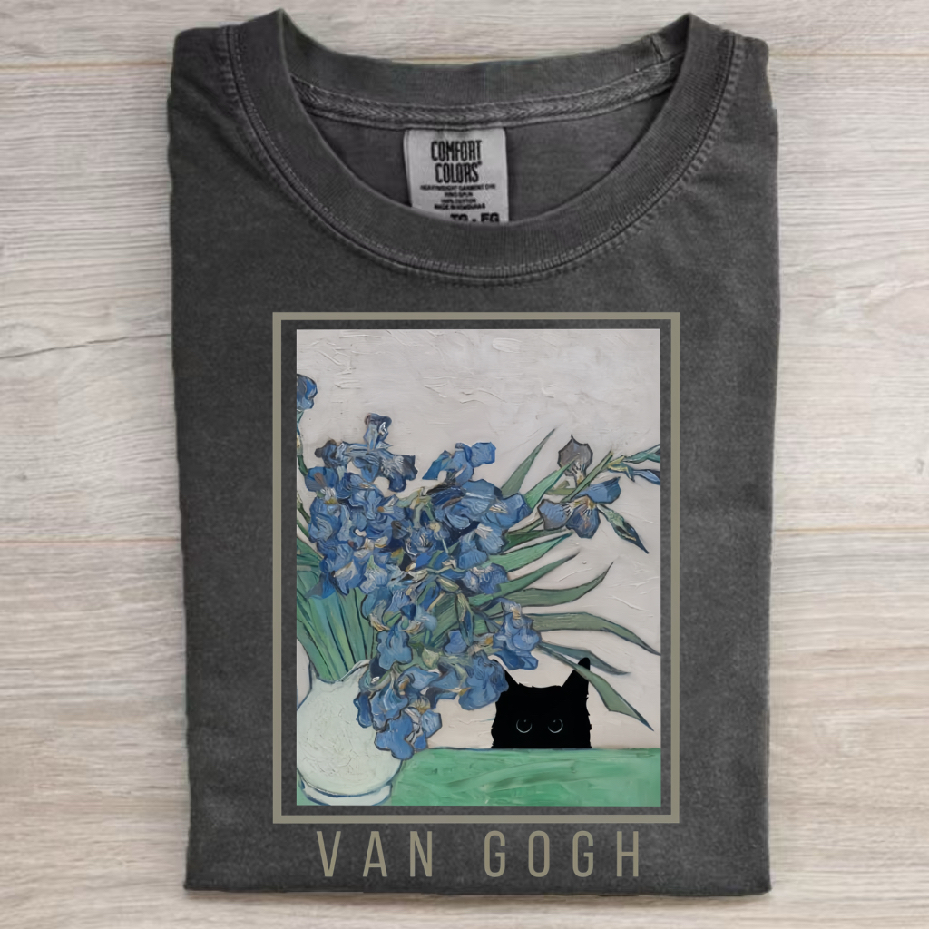 Van Gogh Irises With Black Cat T-Shirt