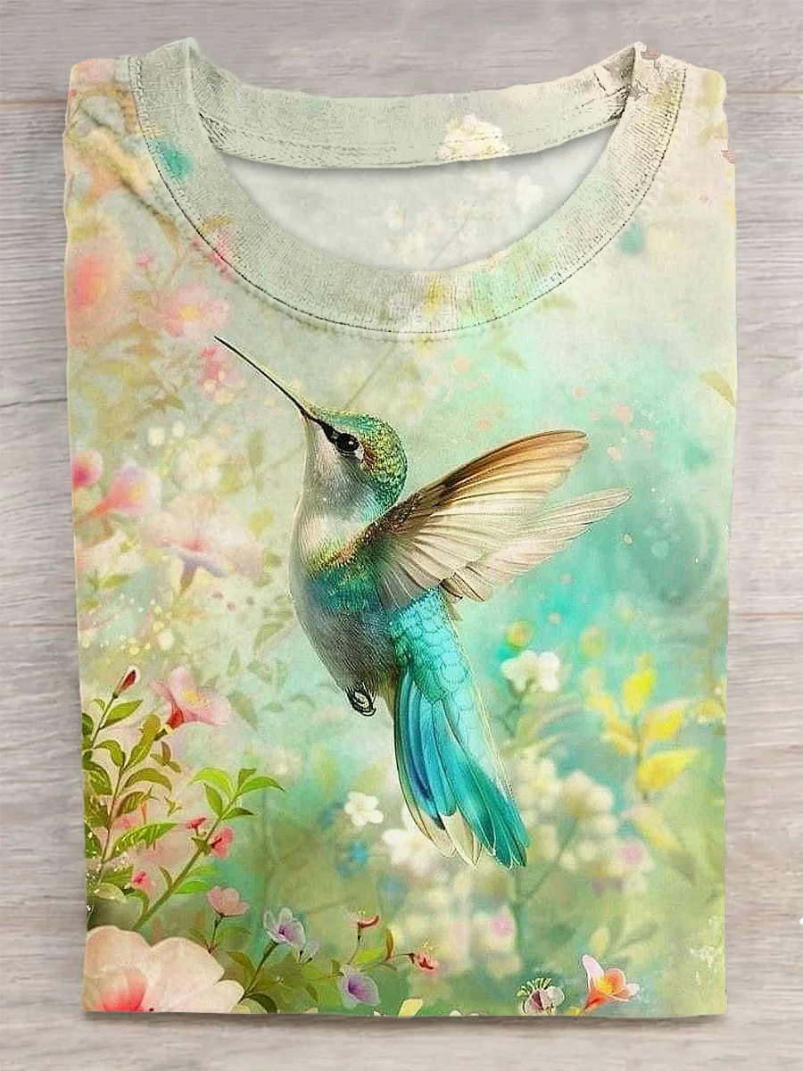 Bird Printed Vintage Fashion Loose Short Sleeve T-Shirt