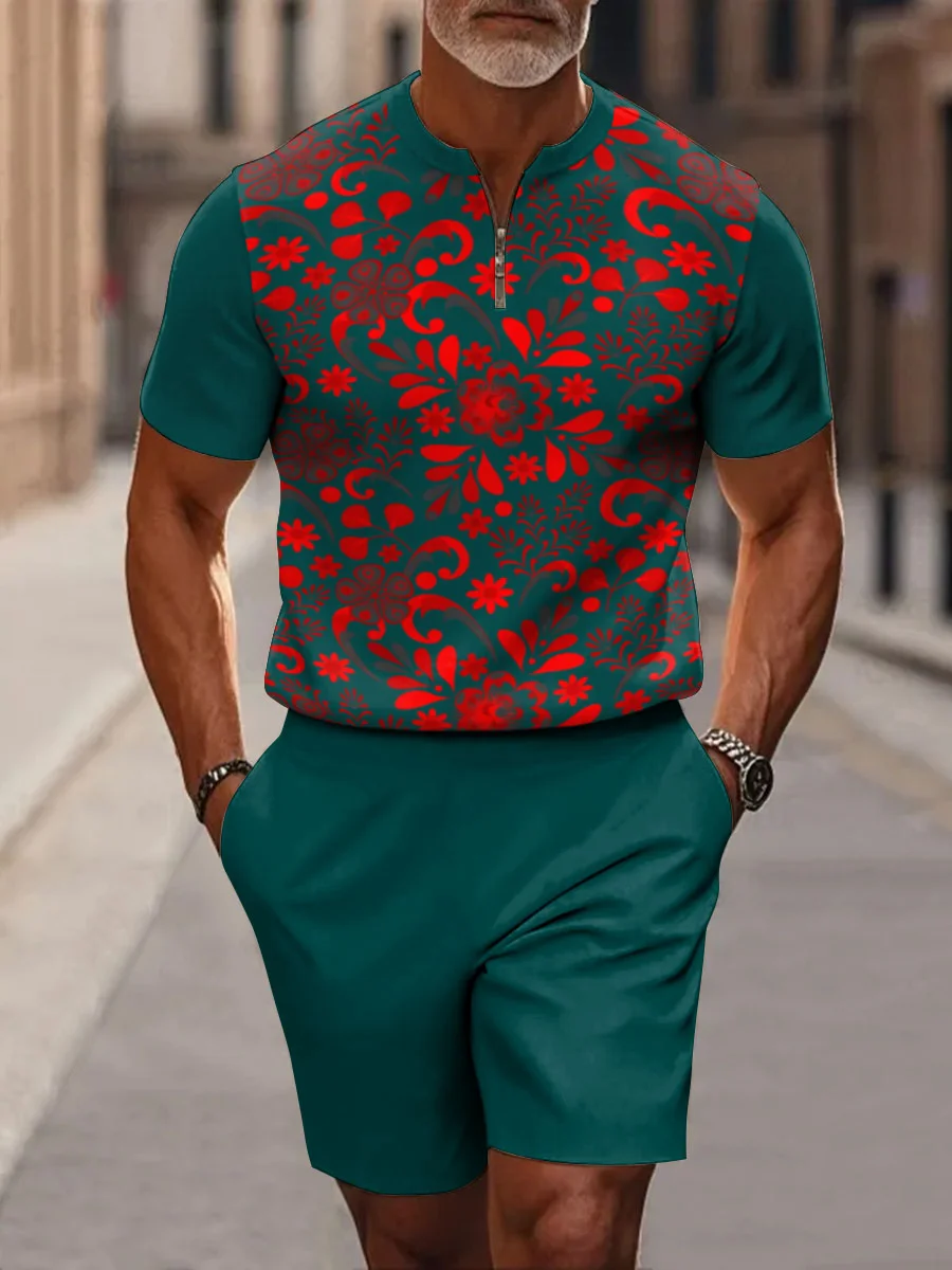 Contrast Color Vintage Floral Plant Decorative Pattern Short Sleeve Zipper Two-piece Set