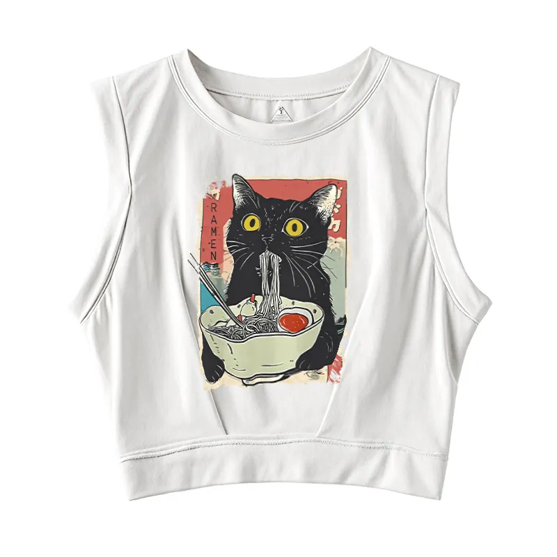 Fujisakuras Cute Cat Eating Ramen Sleeveless Crop Top