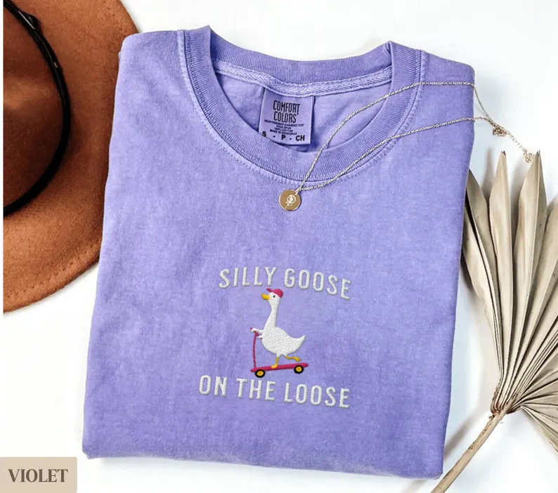 Comfort Colors Embroidered Silly Goose On the Loose T-Shirt