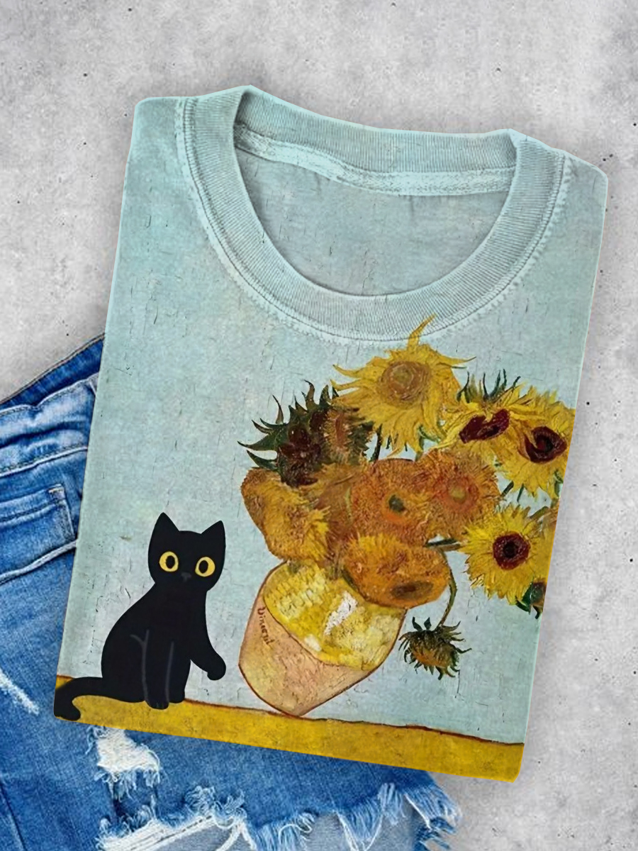 Van Gogh-inspired Cat & Sunflowers T-Shirt