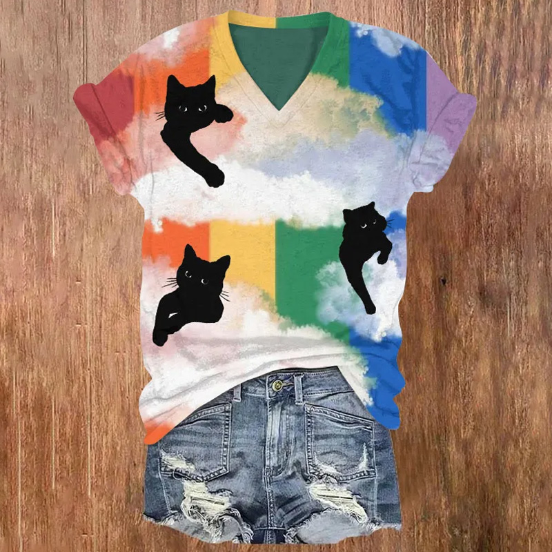 Black Cat On Rainbow Clouds Print V-neck T-shirt