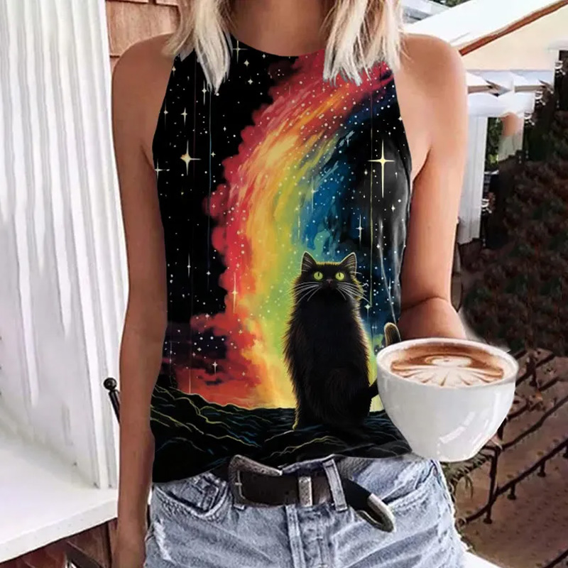 Black Cat Under Rainbow And Stars Print Tank Top