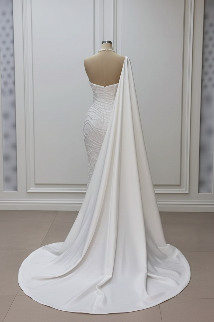 Gorgeous Sweetheart Halter Satin Pearl Mermaid Evening Gown