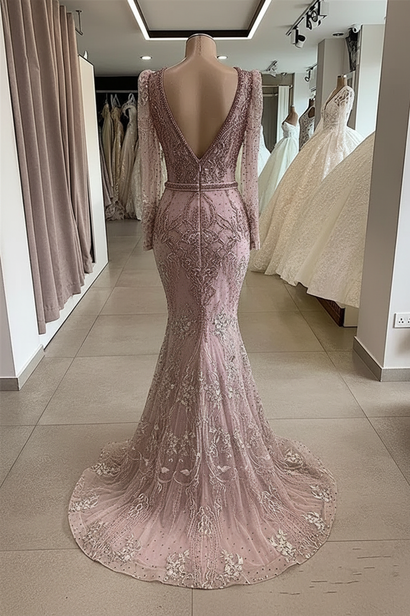 Gorgeous V-Neck Lace Beading Long Sleeves Mermaid Prom Dresses