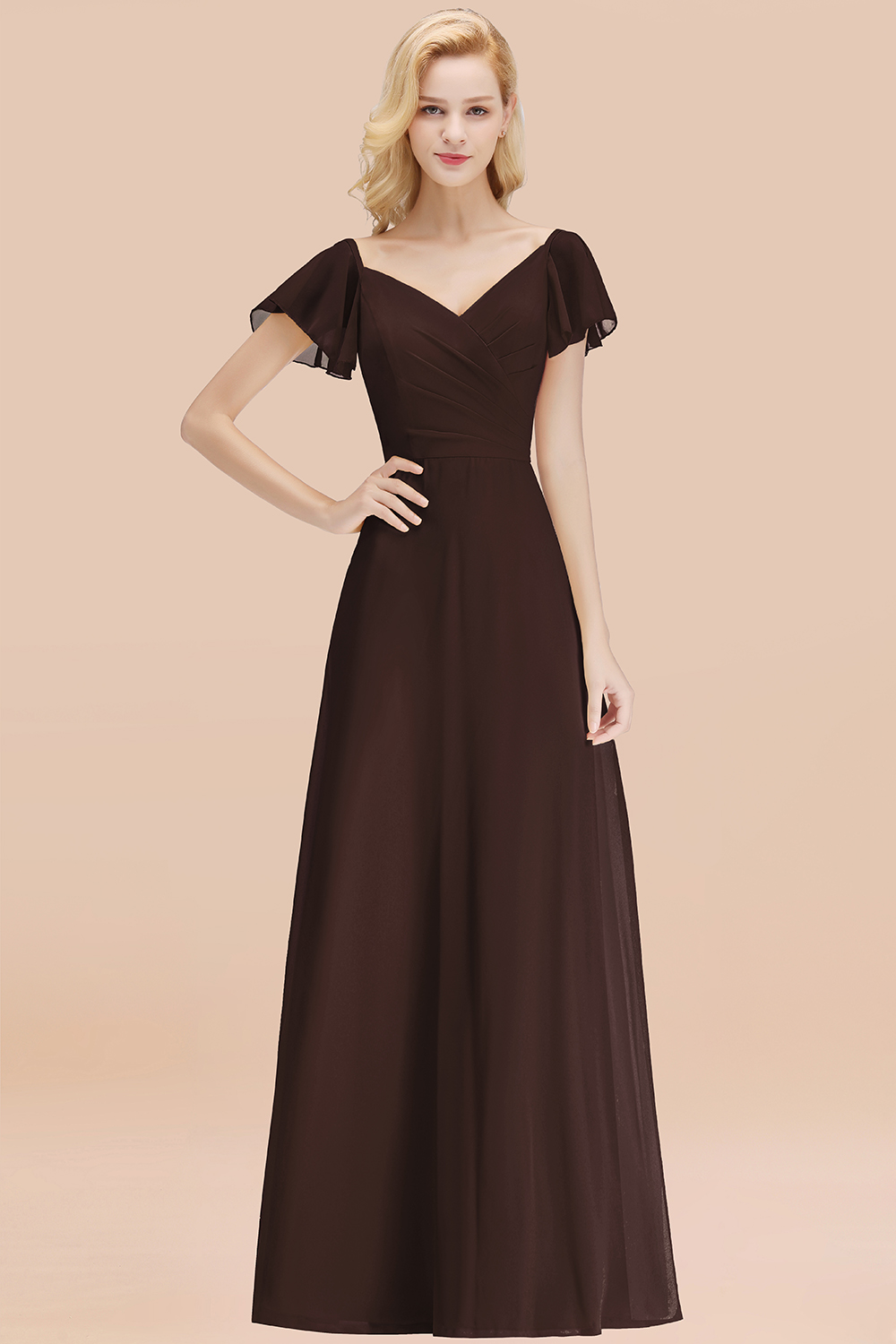 Elegant Puffy Sleeves Aline Bridesmaid Dress Ruffle Chiffon Wedding Guest Dress