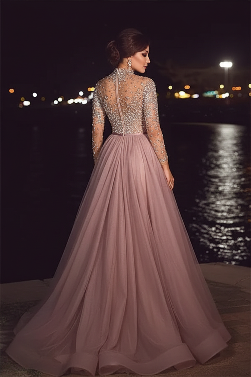Beading A-line High-neck Evening Dresses | Floor Length Prom Dresses