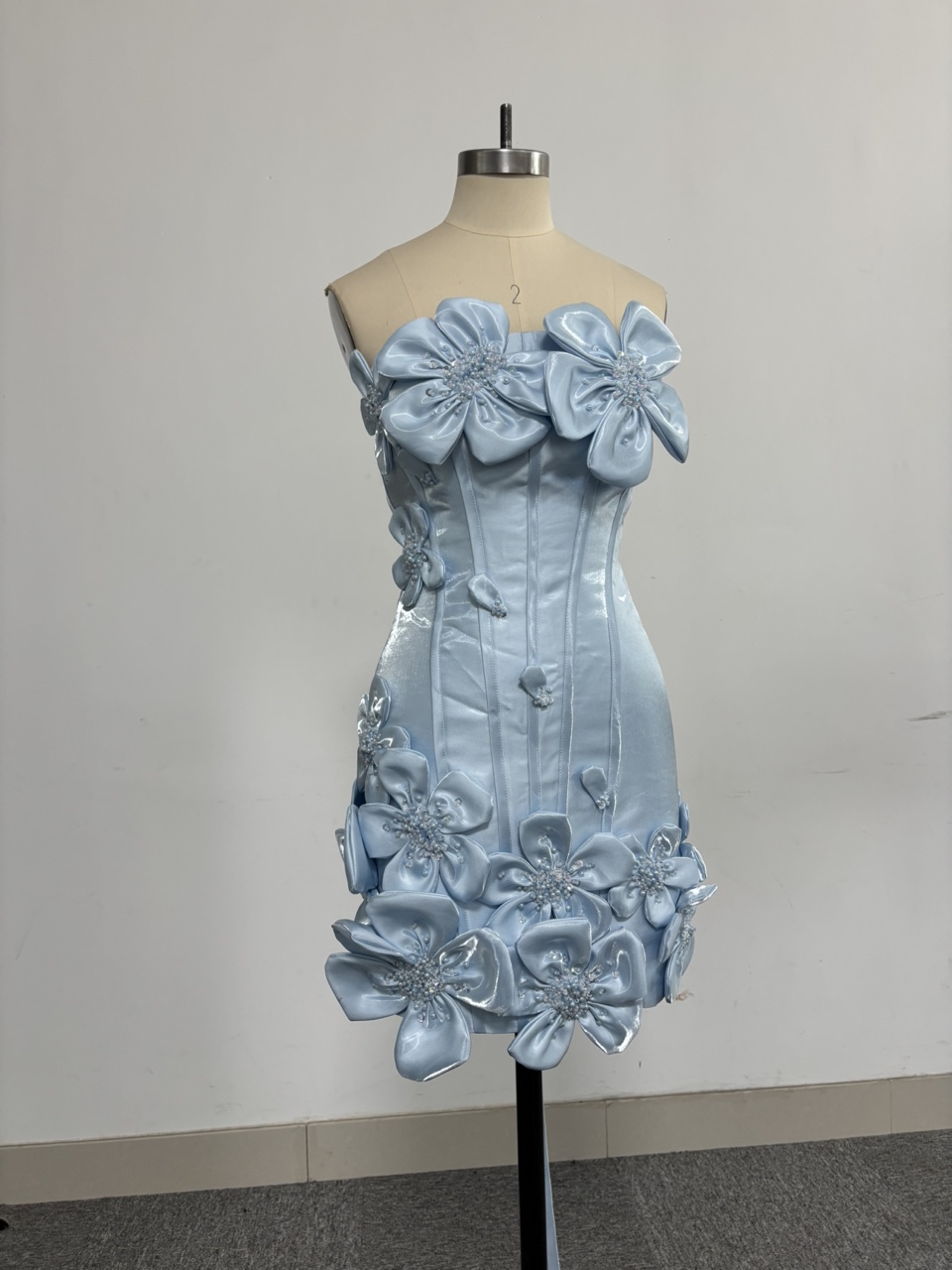 White Strapless Satin Beaded Corset Tight Short Homecoming Dress with Flowers