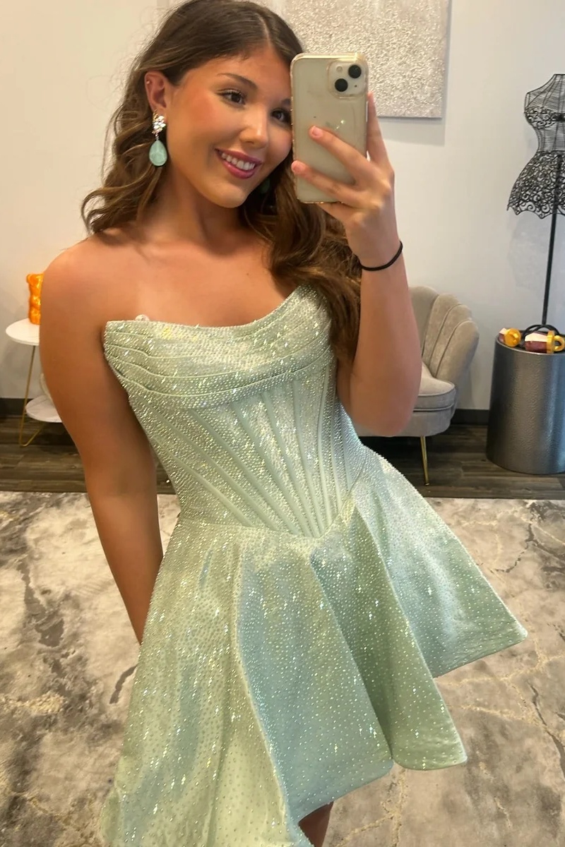  Mint Glitter Strapless Beaded A-Line Short Homecoming Dress