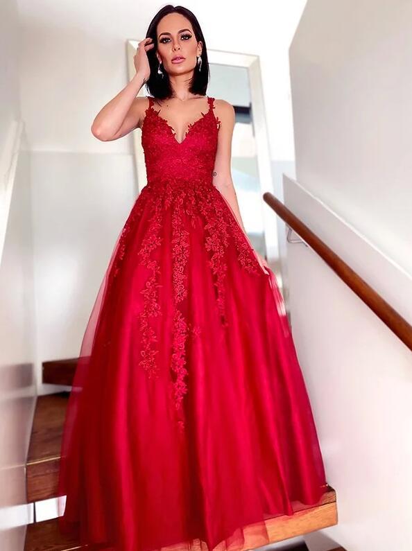 V-neck Red Sleeveless Ball Gown Floor length Prom Dresses