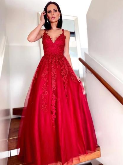 V-neck Red Sleeveless Ball Gown Floor length Prom Dresses