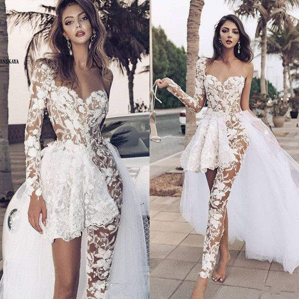 Elegant Lace Jumpsuit Asymmetirc See-through Overskirt White Wedding Dress